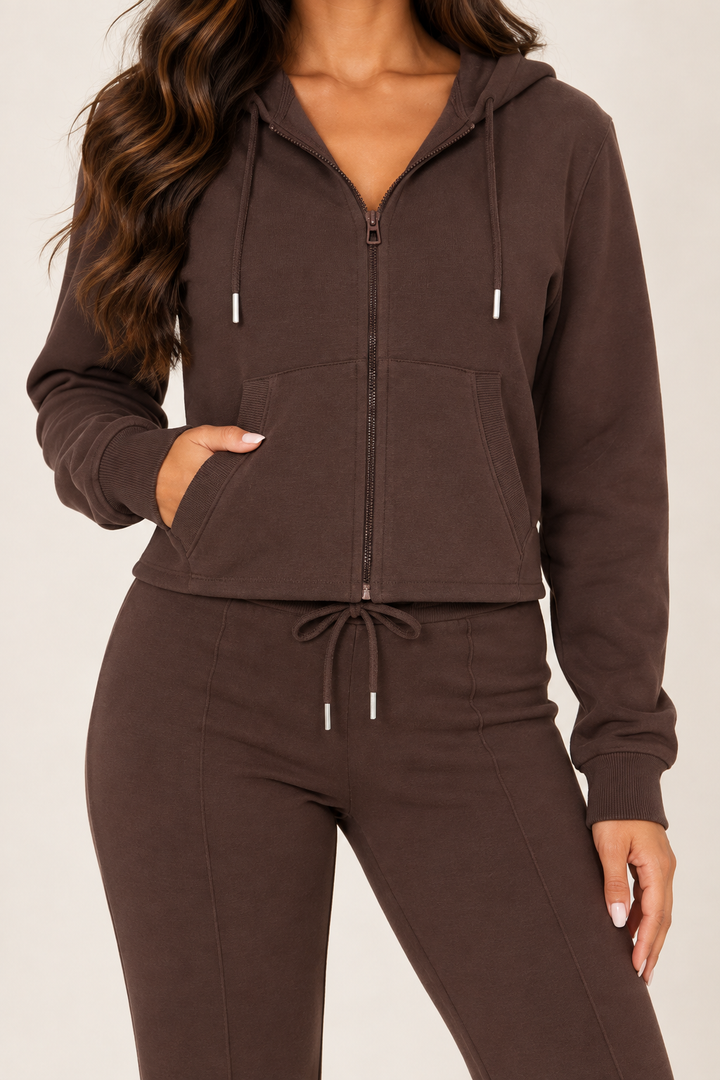 LOVE TREE 80451JN chocolate cropped pocket zip hoodie — hoodie zipper, pocket and cuff detail.