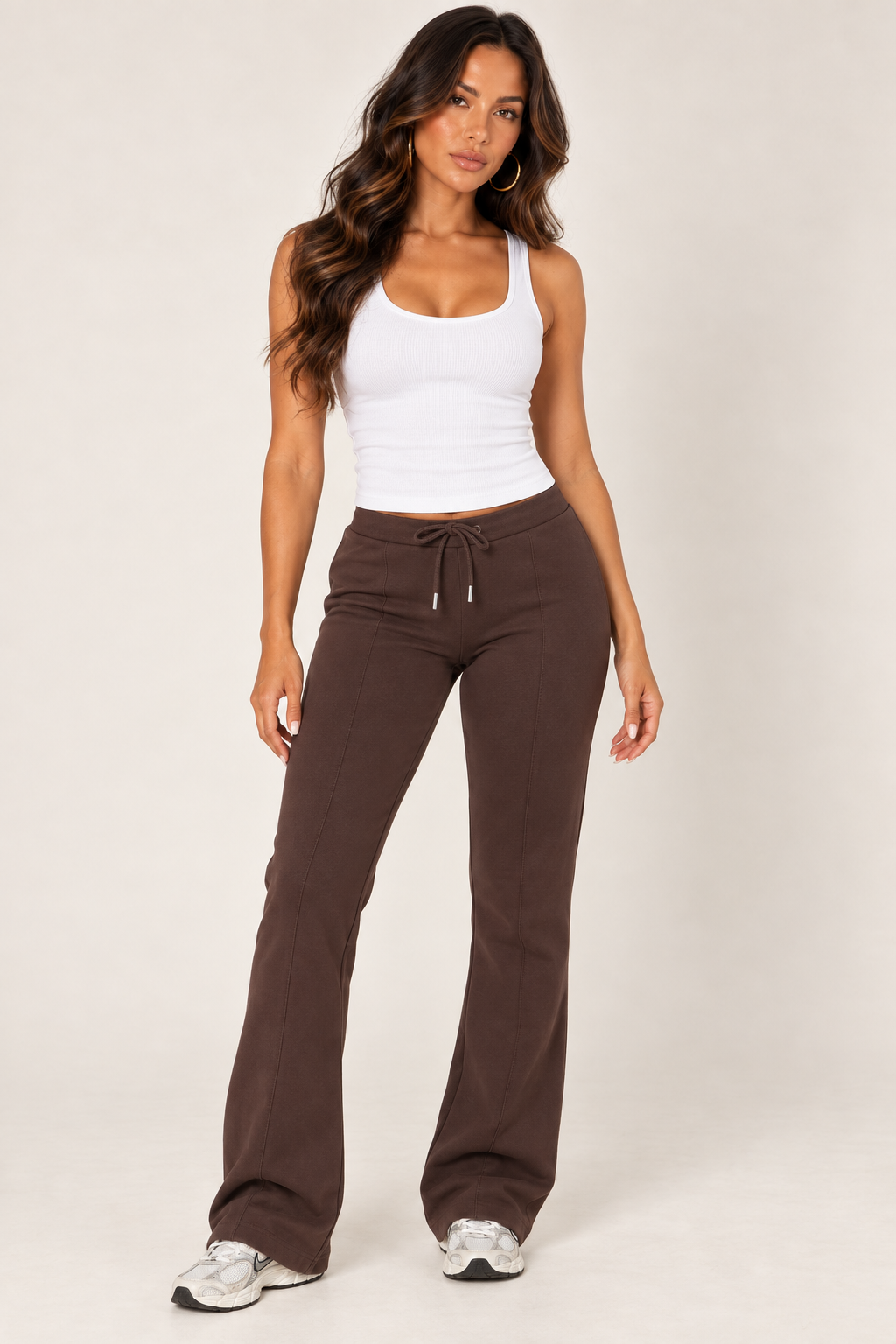 LOVE TREE 60136PN chocolate low rise flare sweatpants — pants front with white tank.