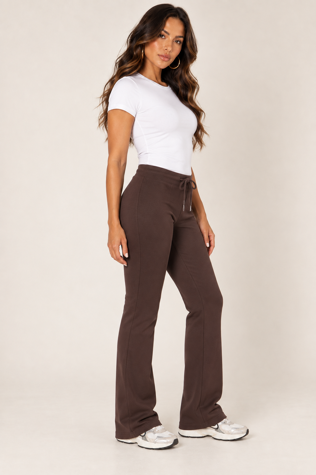 LOVE TREE 60136PN chocolate low rise flare sweatpants — pants left with white tee.