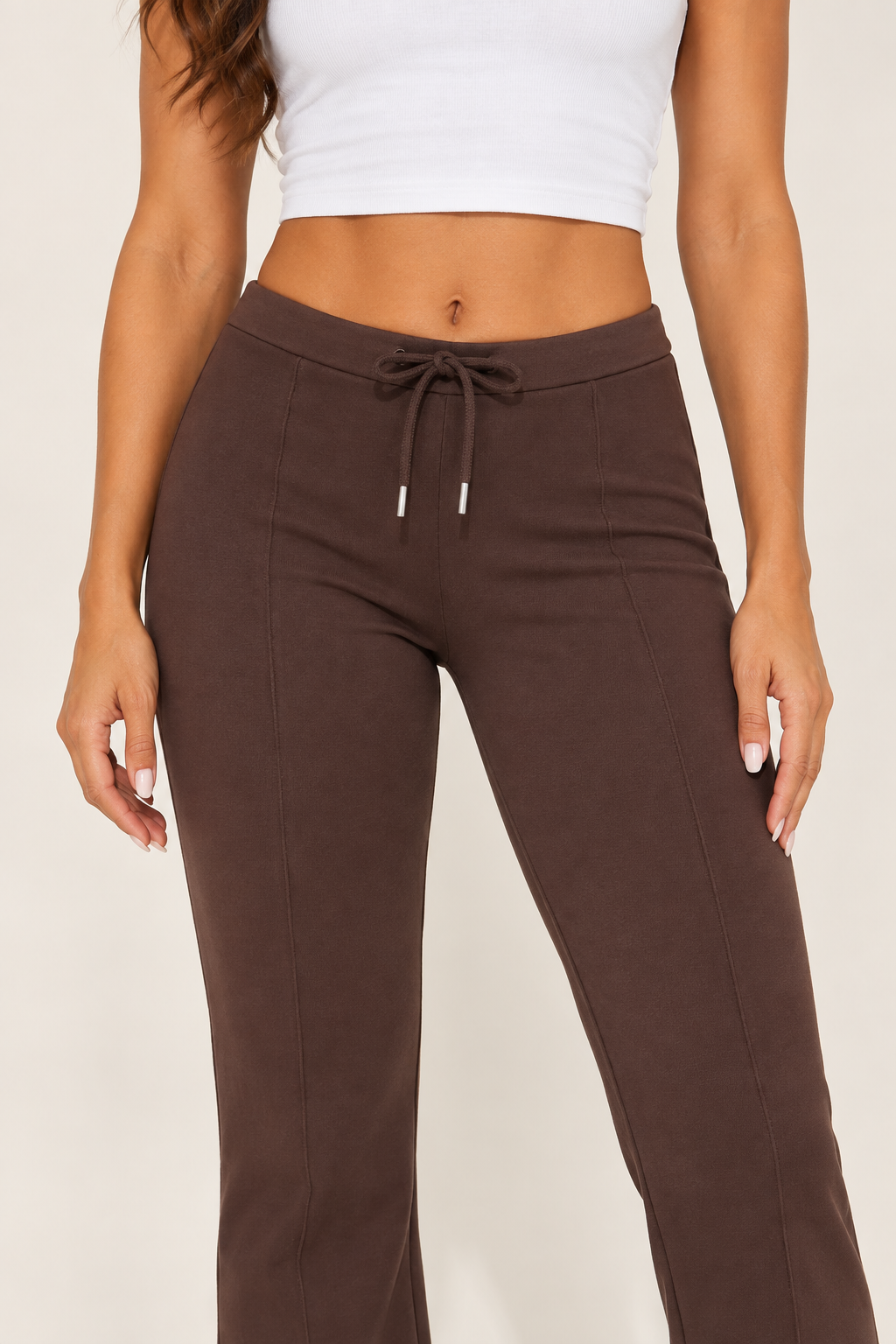 LOVE TREE 60136PN chocolate low rise flare sweatpants — pants waist and front seam detail.