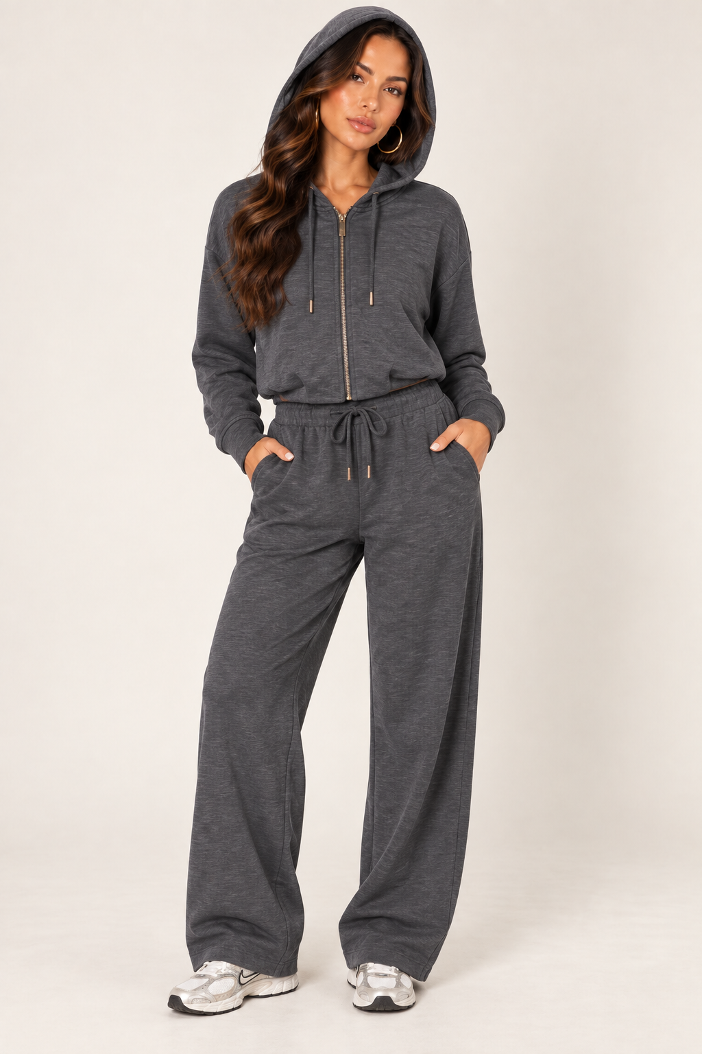 Dark Heather Grey LOVE TREE cropped zip hoodie and wide-leg sweatpants — Zipped outfit · hood up