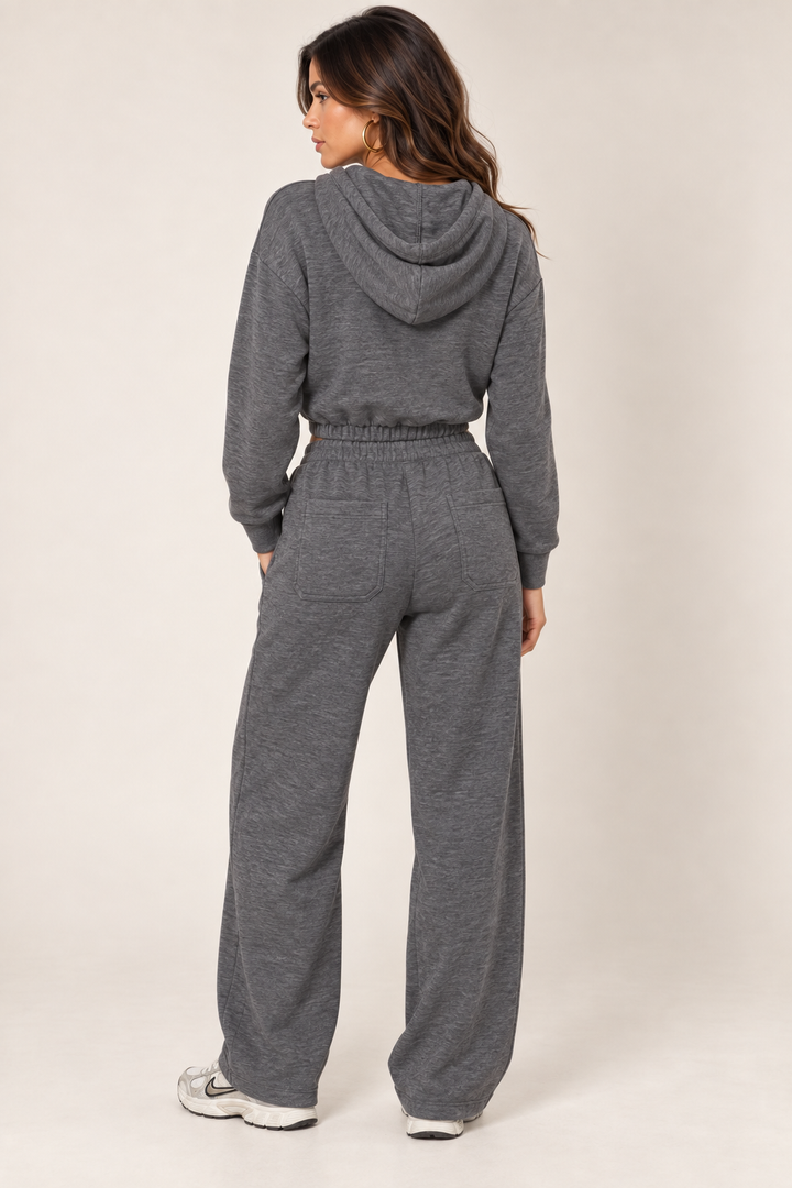 Dark Heather Grey LOVE TREE cropped zip hoodie and wide-leg sweatpants — Back outfit · hood down