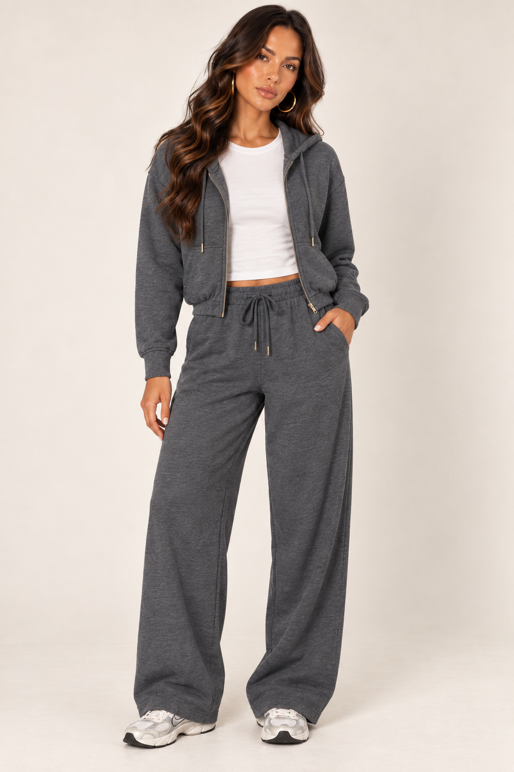 Dark Heather Grey LOVE TREE cropped zip hoodie and wide-leg sweatpants — Front outfit · fitted white tee