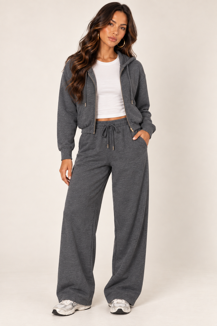 Dark Heather Grey LOVE TREE cropped zip hoodie and wide-leg sweatpants — Front outfit · fitted white tee