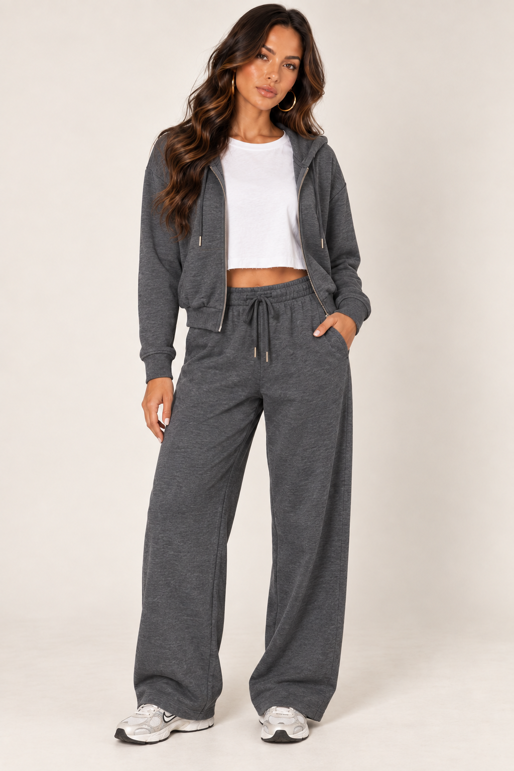 Dark Heather Grey LOVE TREE cropped zip hoodie and wide-leg sweatpants — Front outfit · boxy white tee