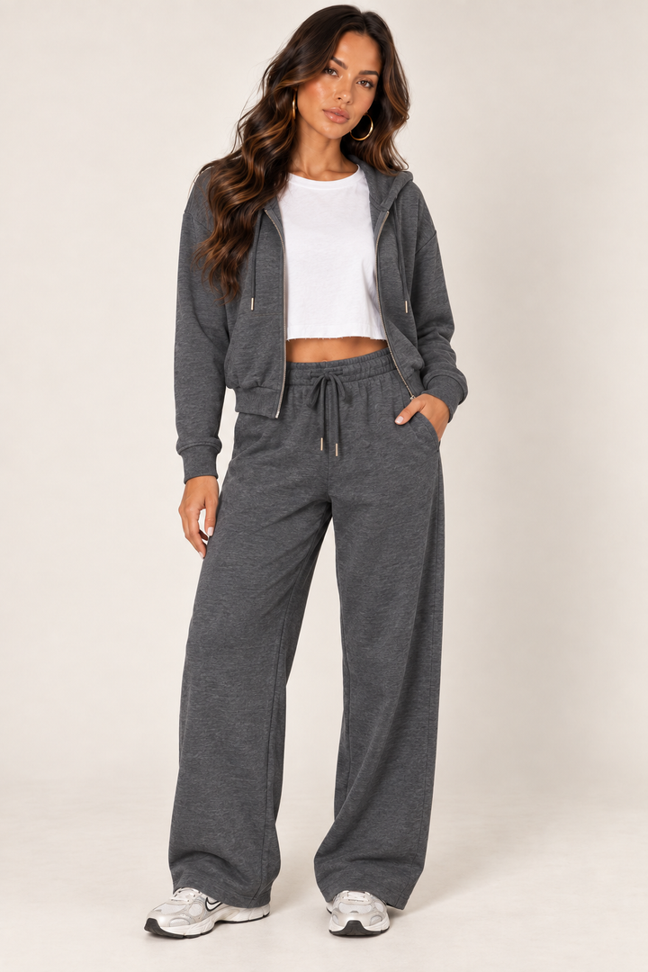 Dark Heather Grey LOVE TREE cropped zip hoodie and wide-leg sweatpants — Front outfit · boxy white tee
