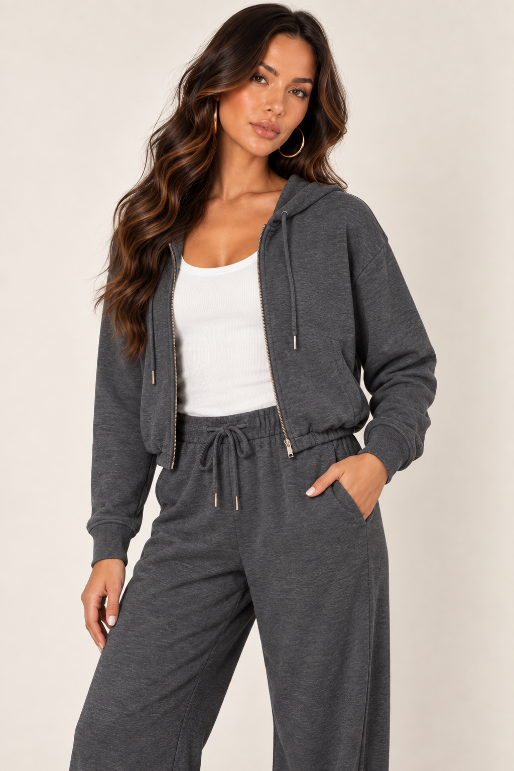 Dark Heather Grey LOVE TREE cropped zip hoodie — Hoodie · left open