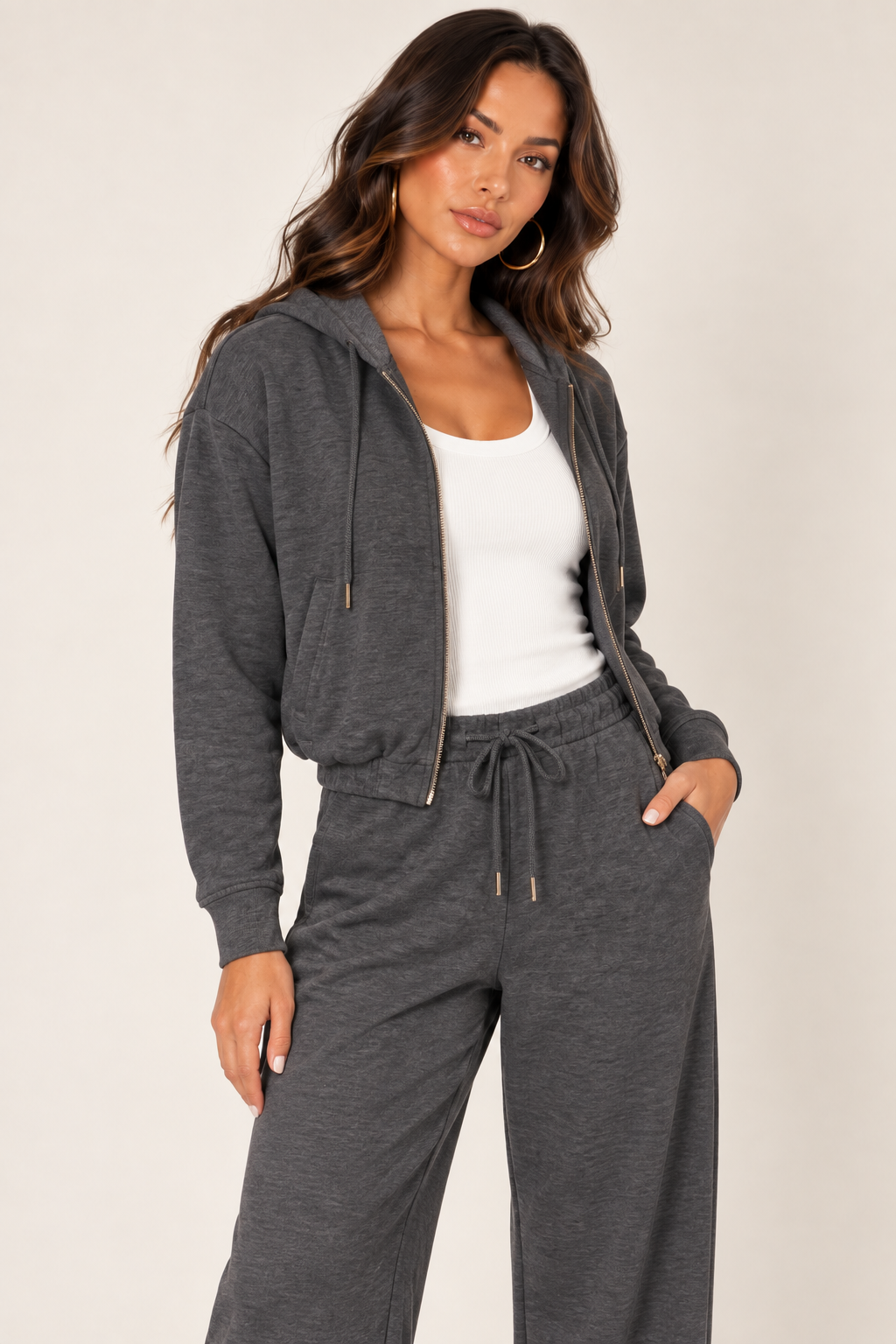 Dark Heather Grey LOVE TREE cropped zip hoodie — Hoodie · right open