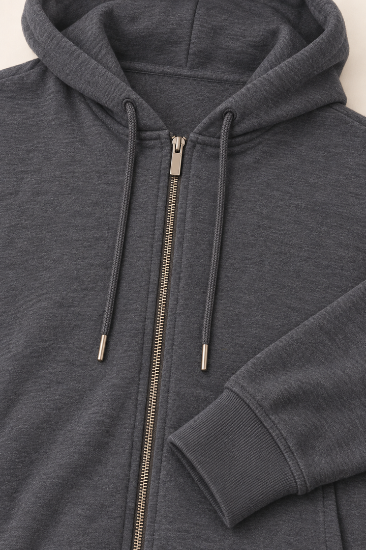 Dark Heather Grey LOVE TREE cropped zip hoodie — Hoodie · zipper and fabric flat lay