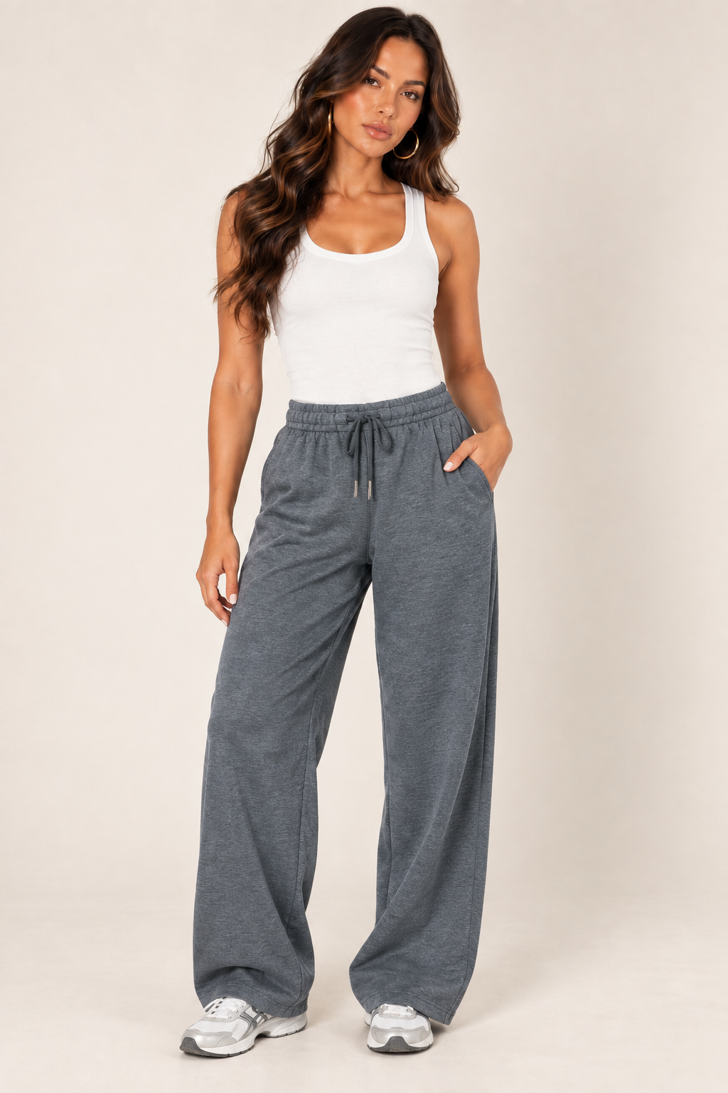 Dark Heather Grey LOVE TREE wide-leg drawstring sweatpants — Sweatpants · white tank front