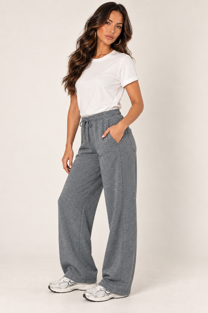 Dark Heather Grey LOVE TREE wide-leg drawstring sweatpants — Sweatpants · side with white tee