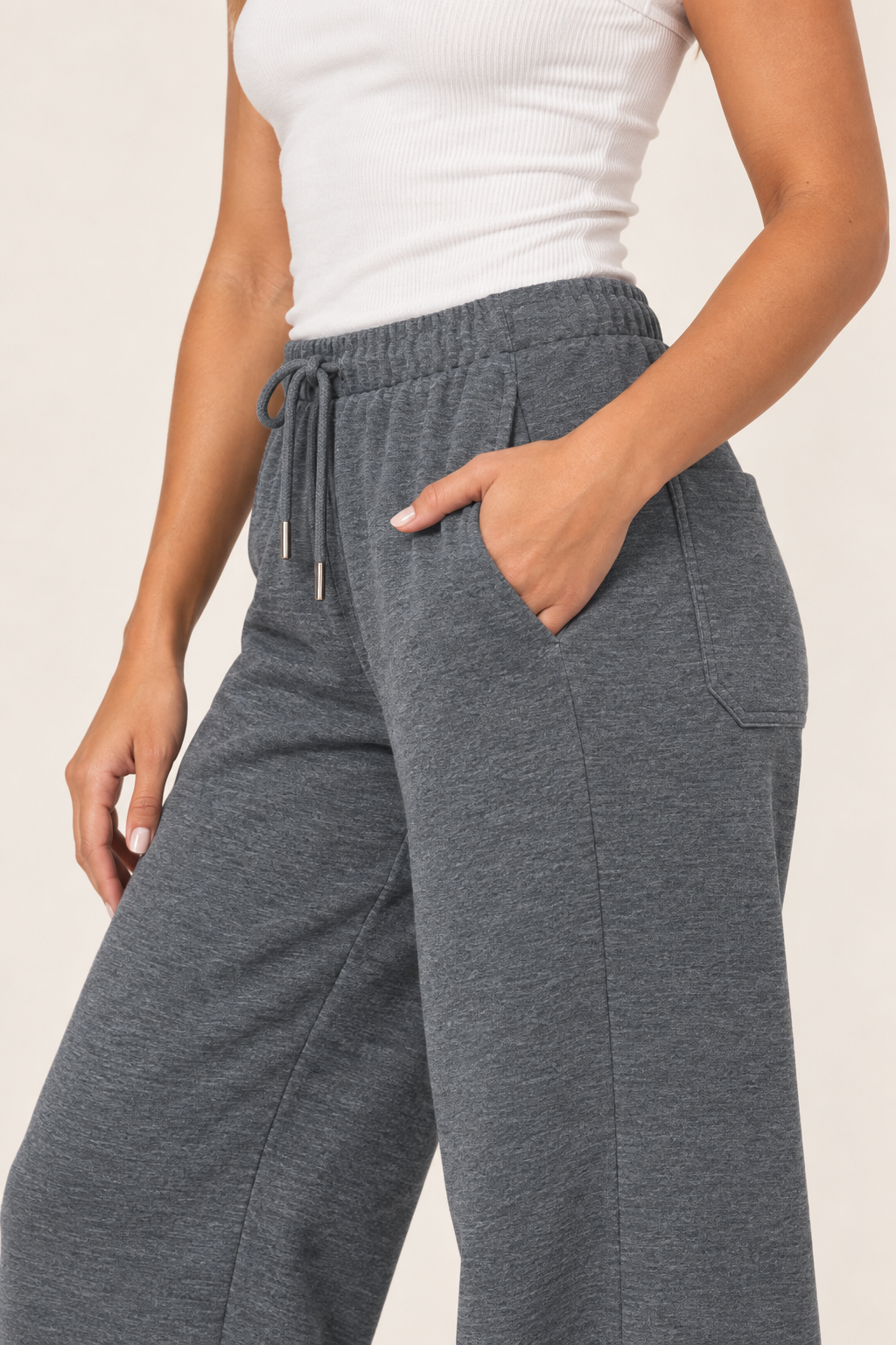 Dark Heather Grey LOVE TREE wide-leg drawstring sweatpants — Sweatpants · side pocket detail