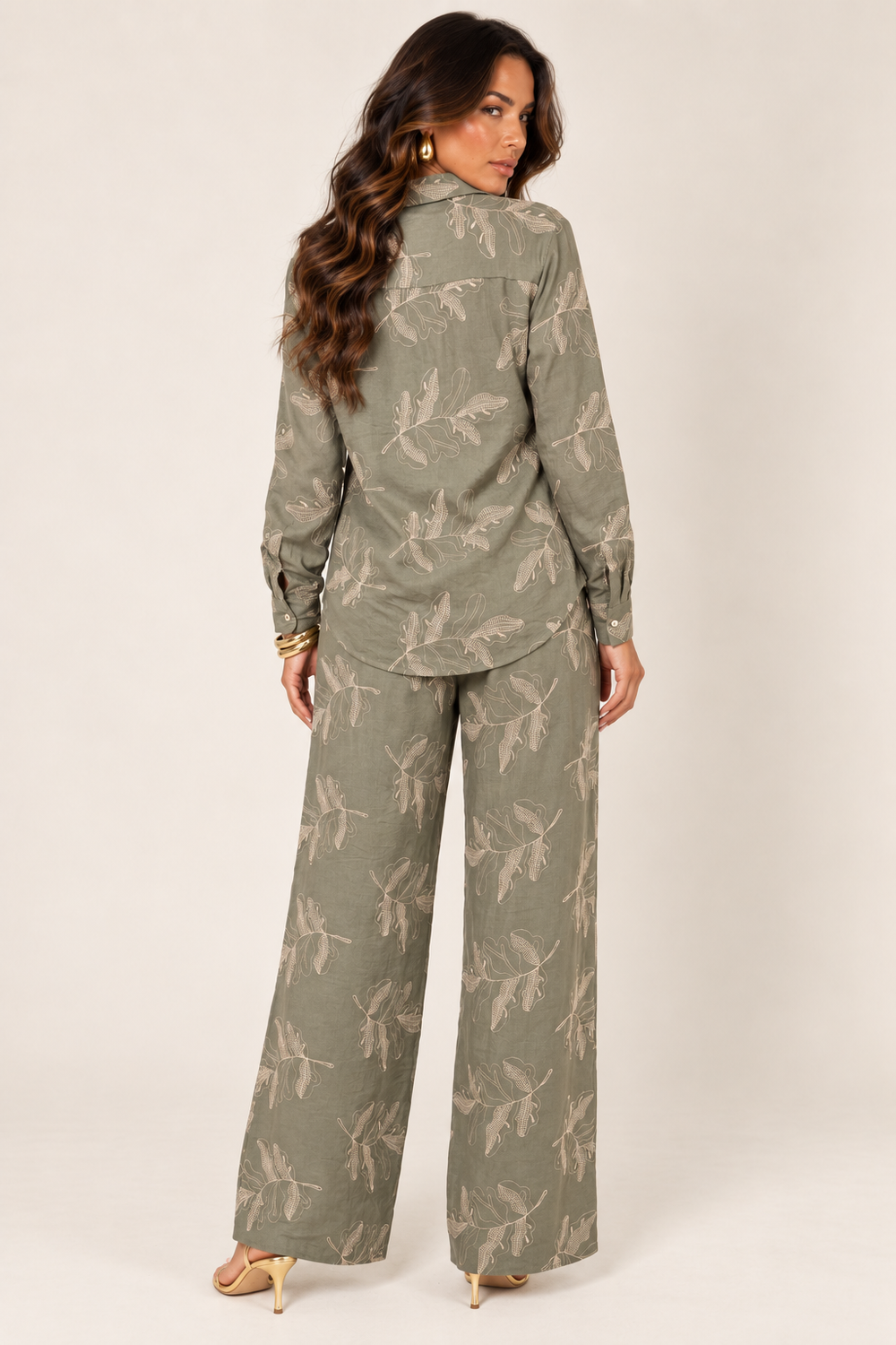Back view of olive embroidered pant set on the ALX hair-down model