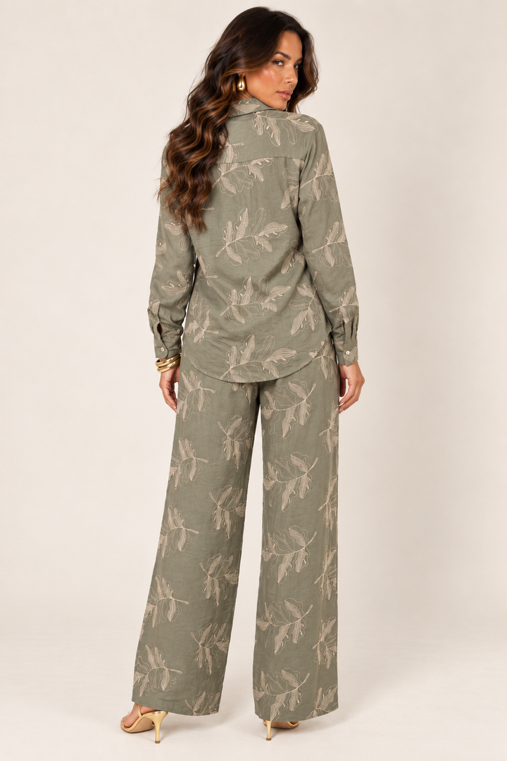 Back view of olive embroidered pant set on the ALX hair-down model