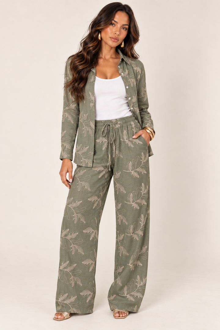 Front view of olive embroidered pant set on the ALX hair-down model