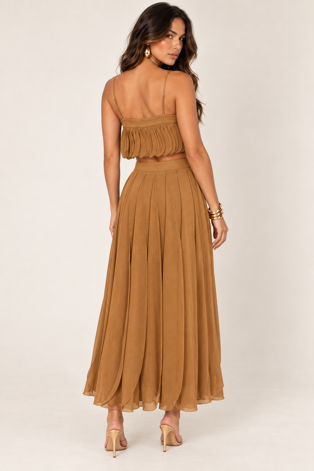 Back view of mocha petal layer skirt set on the ALX hair-down model