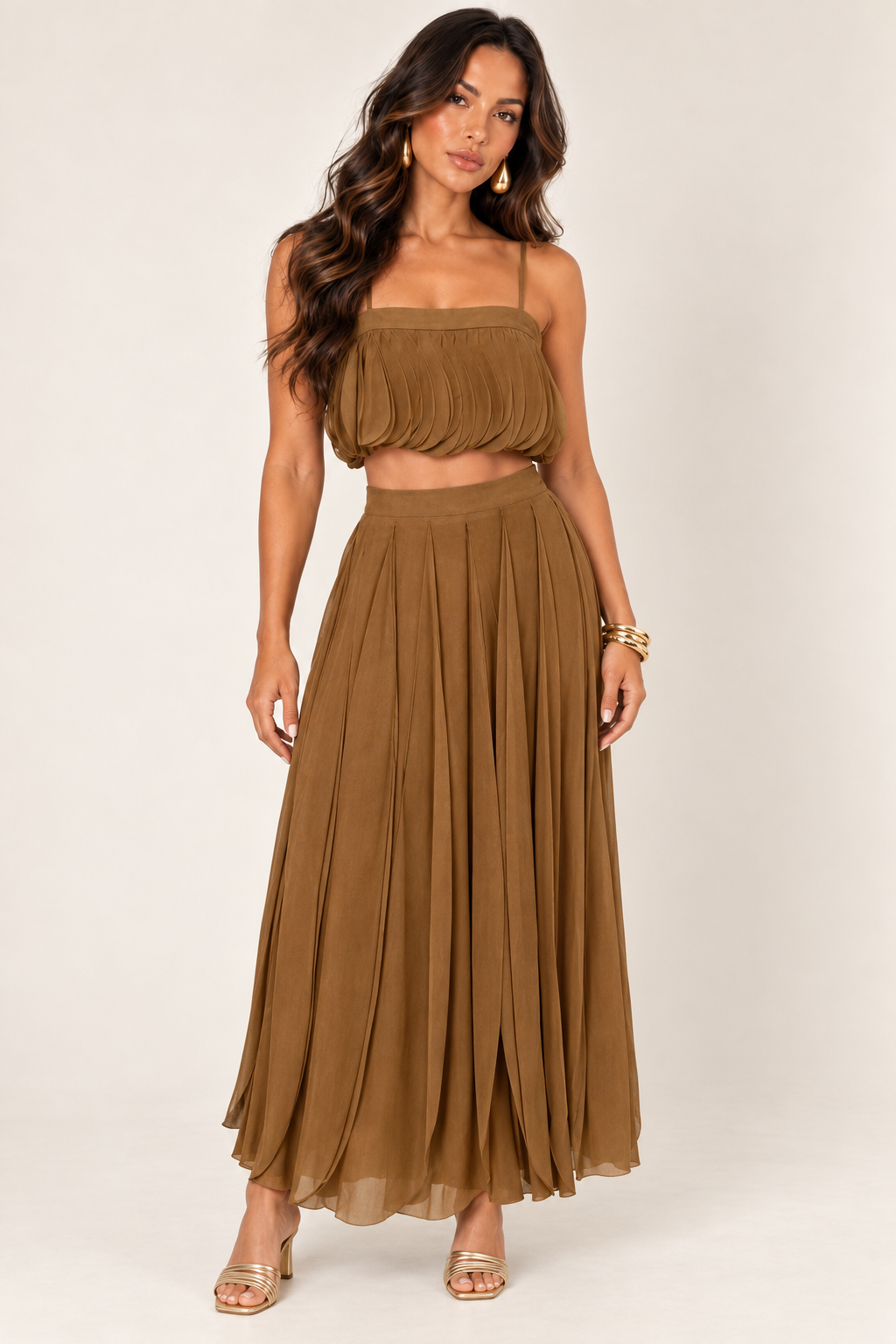 Front view of mocha petal layer skirt set on the ALX hair-down model