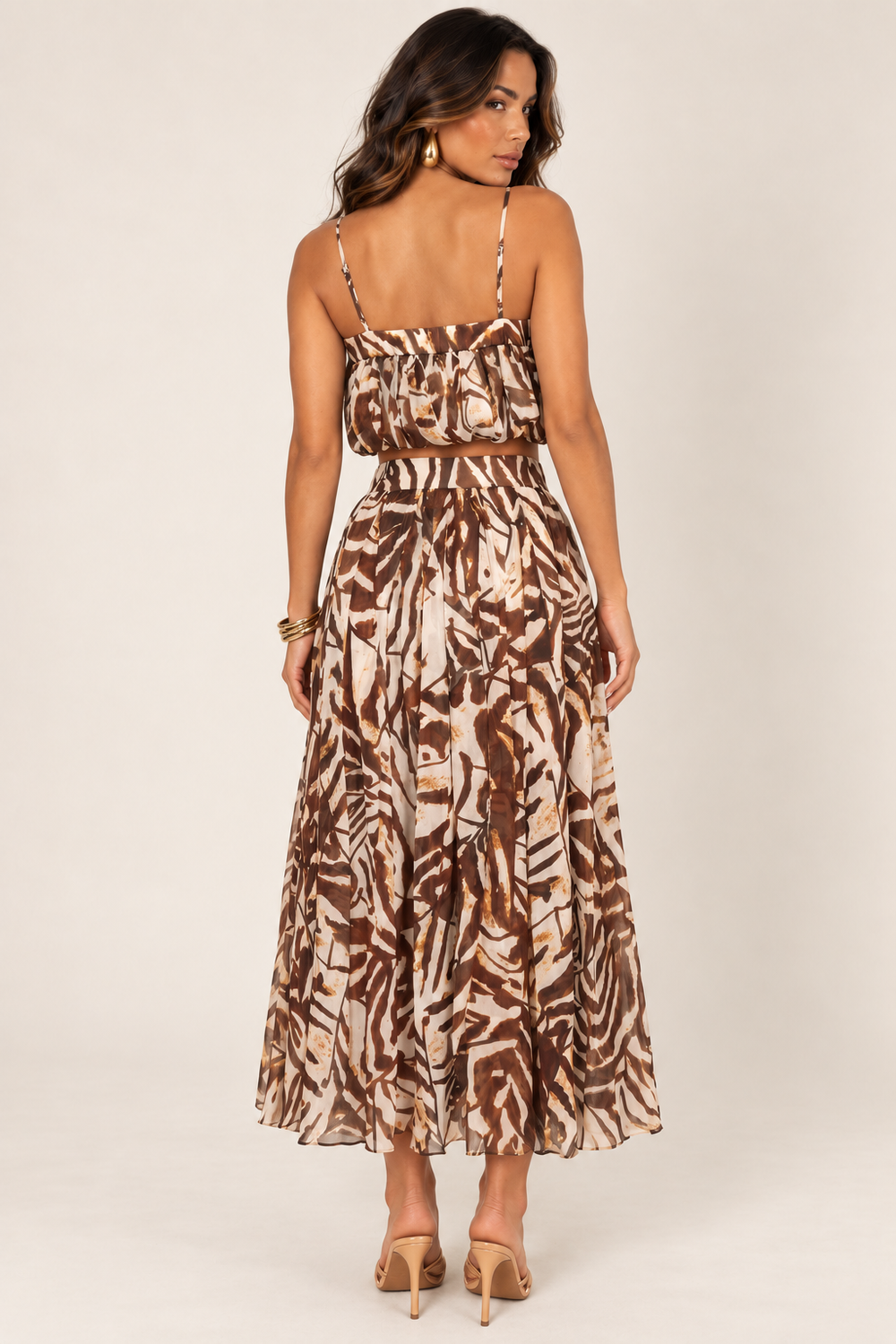 Back view of brown ivory petal layer skirt set on the ALX hair-down model
