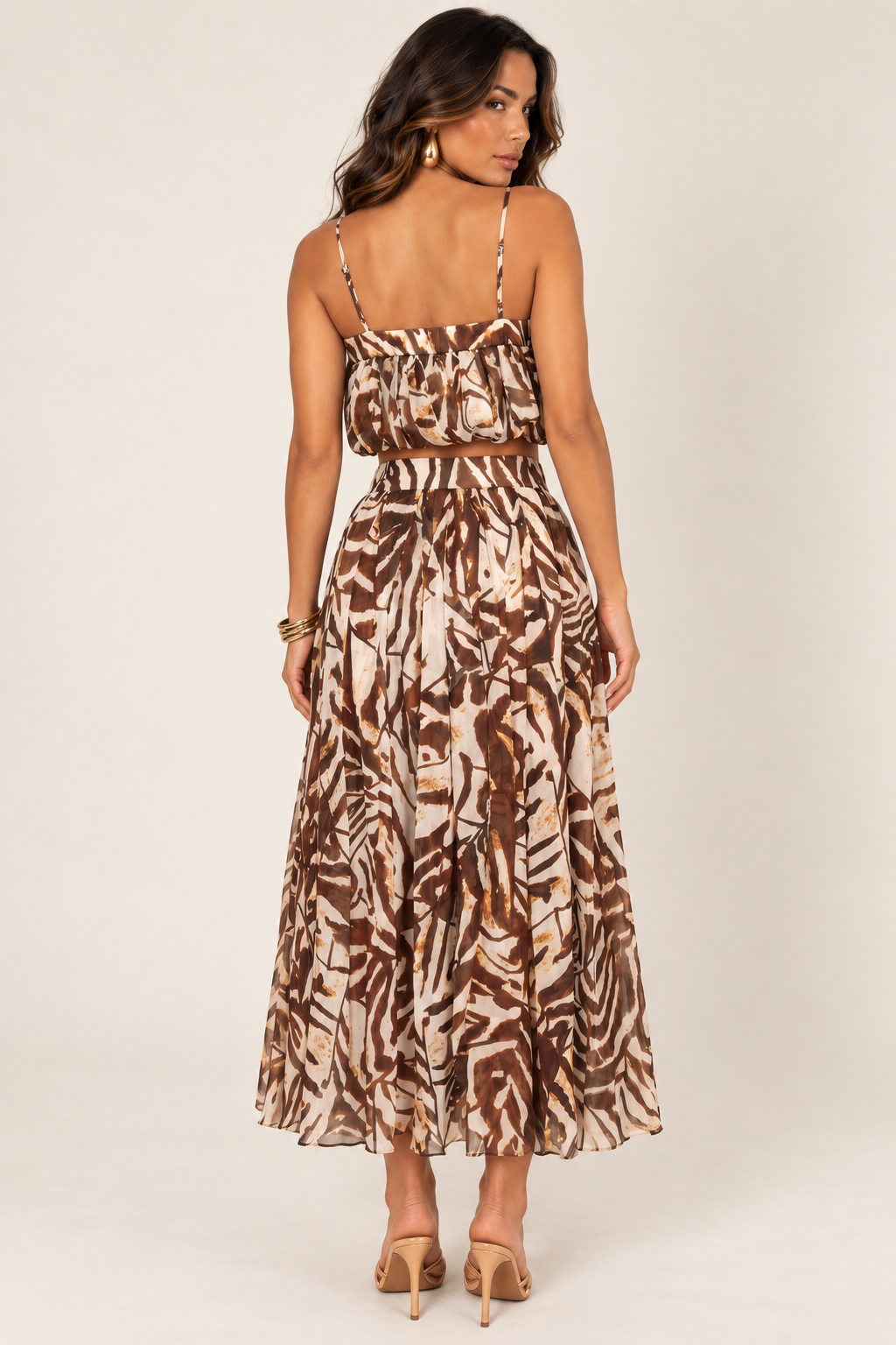 Back view of brown ivory petal layer skirt set on the ALX hair-down model