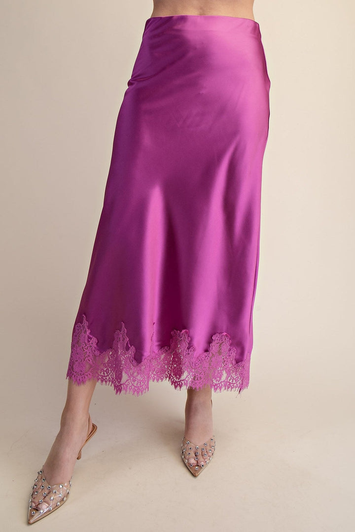 Magenta Satin Lace Trim Cami and Midi Skirt Set - STYLED BY ALX COUTUREOutfit Sets