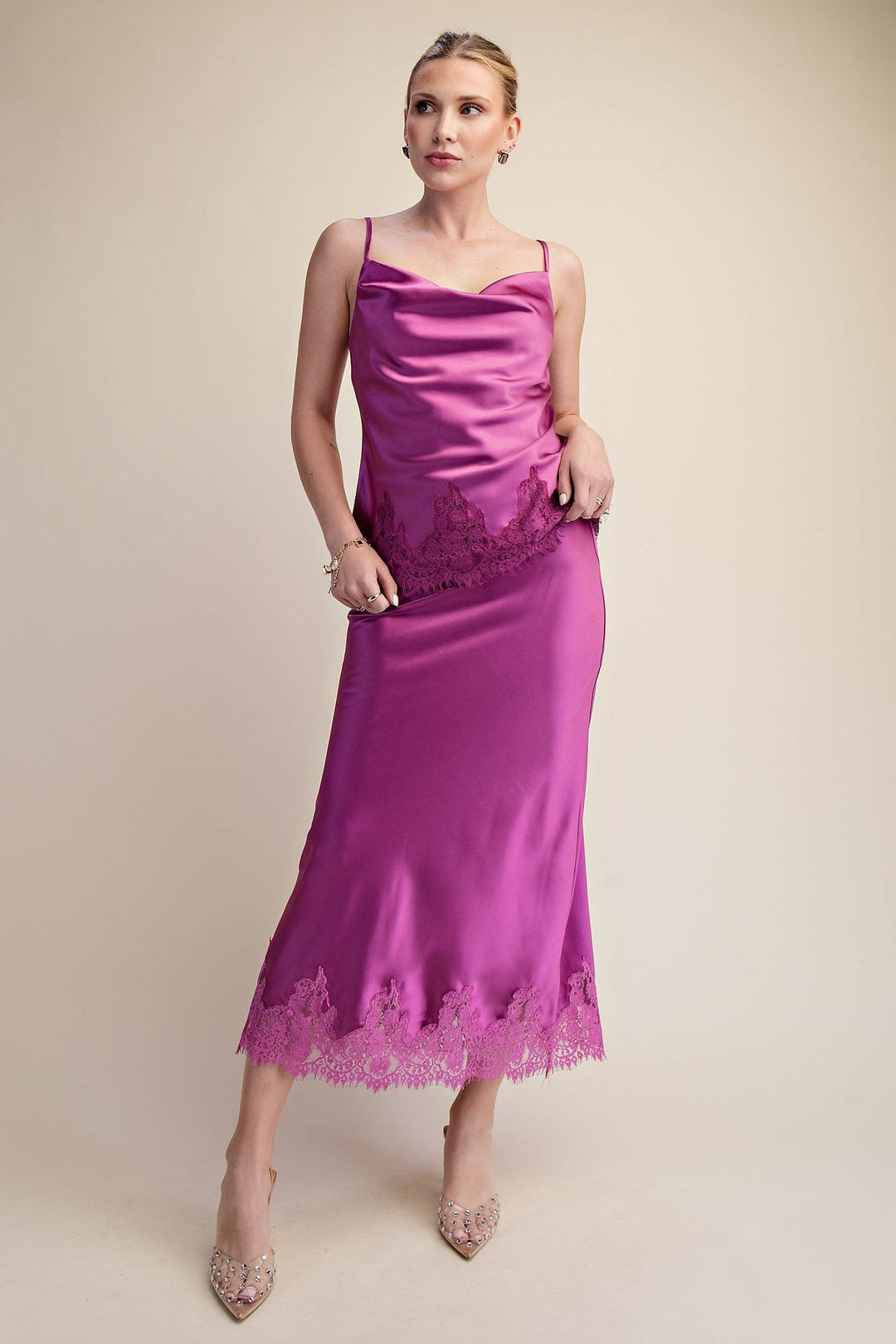 Magenta Satin Lace Trim Cami and Midi Skirt Set - STYLED BY ALX COUTUREOutfit Sets