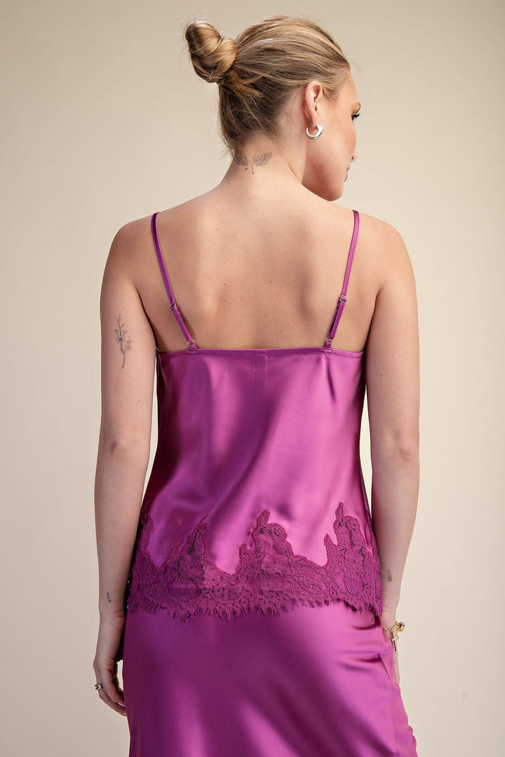 Magenta Satin Lace Trim Cami and Midi Skirt Set - STYLED BY ALX COUTUREOutfit Sets