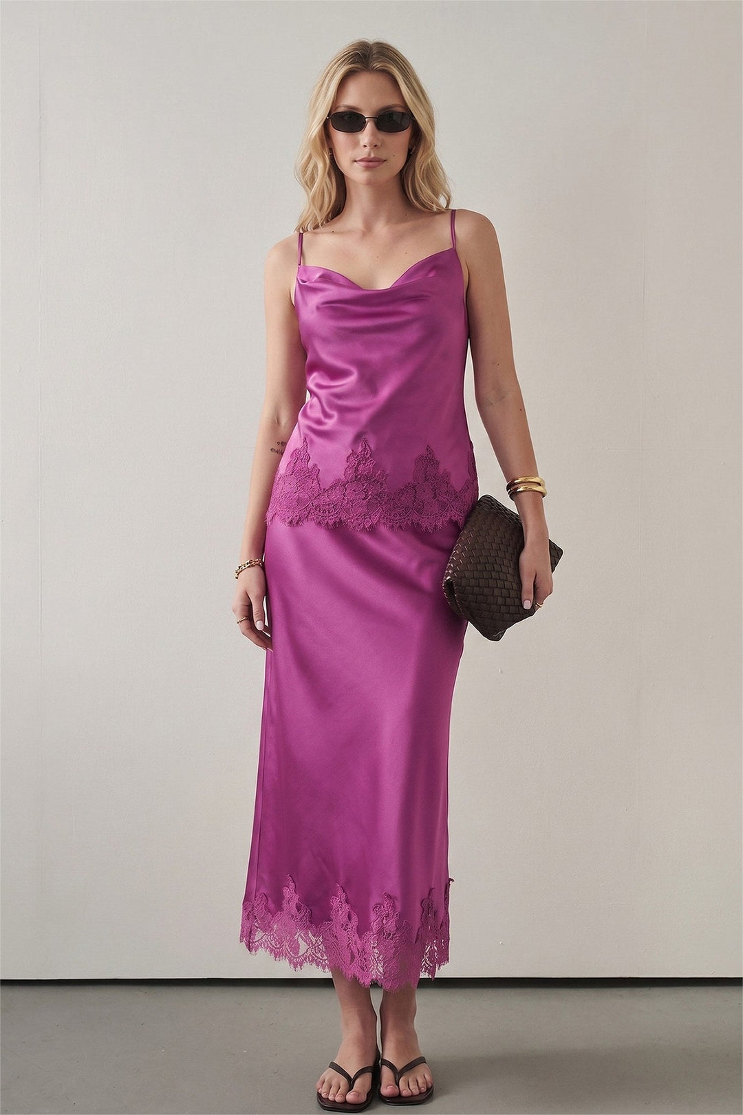 Magenta Satin Lace Trim Cami and Midi Skirt Set - STYLED BY ALX COUTUREOutfit Sets