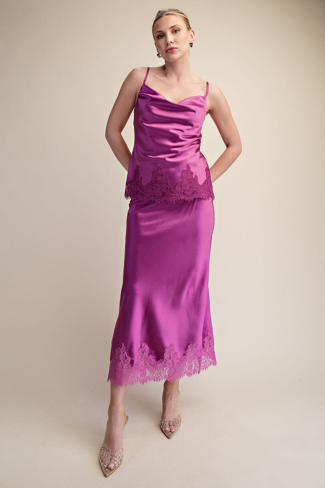 Magenta Satin Lace Trim Cami and Midi Skirt Set - STYLED BY ALX COUTUREOutfit Sets