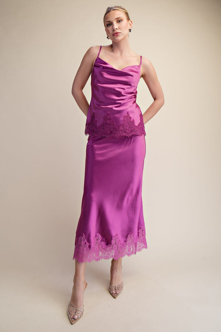 Magenta Satin Lace Trim Cami and Midi Skirt Set - STYLED BY ALX COUTUREOutfit Sets