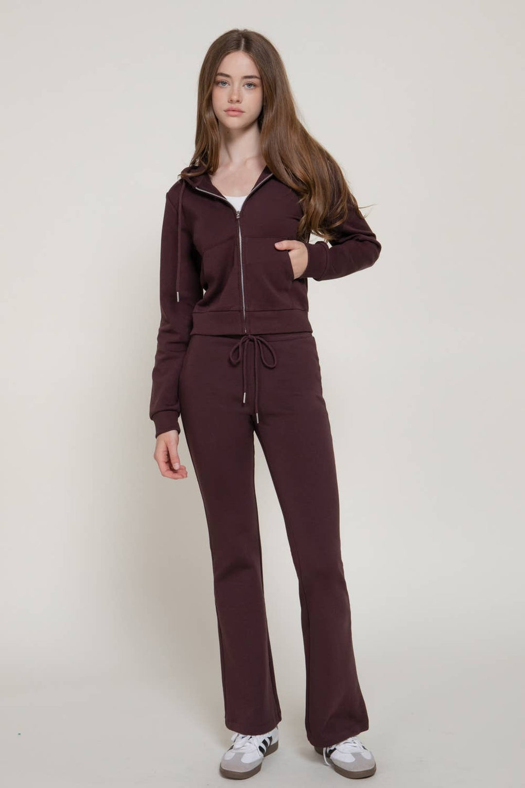 Full-length view of the Maroon Hoodie Knit Jacket with matching flare pants and a white tank, a fall lounge outfit