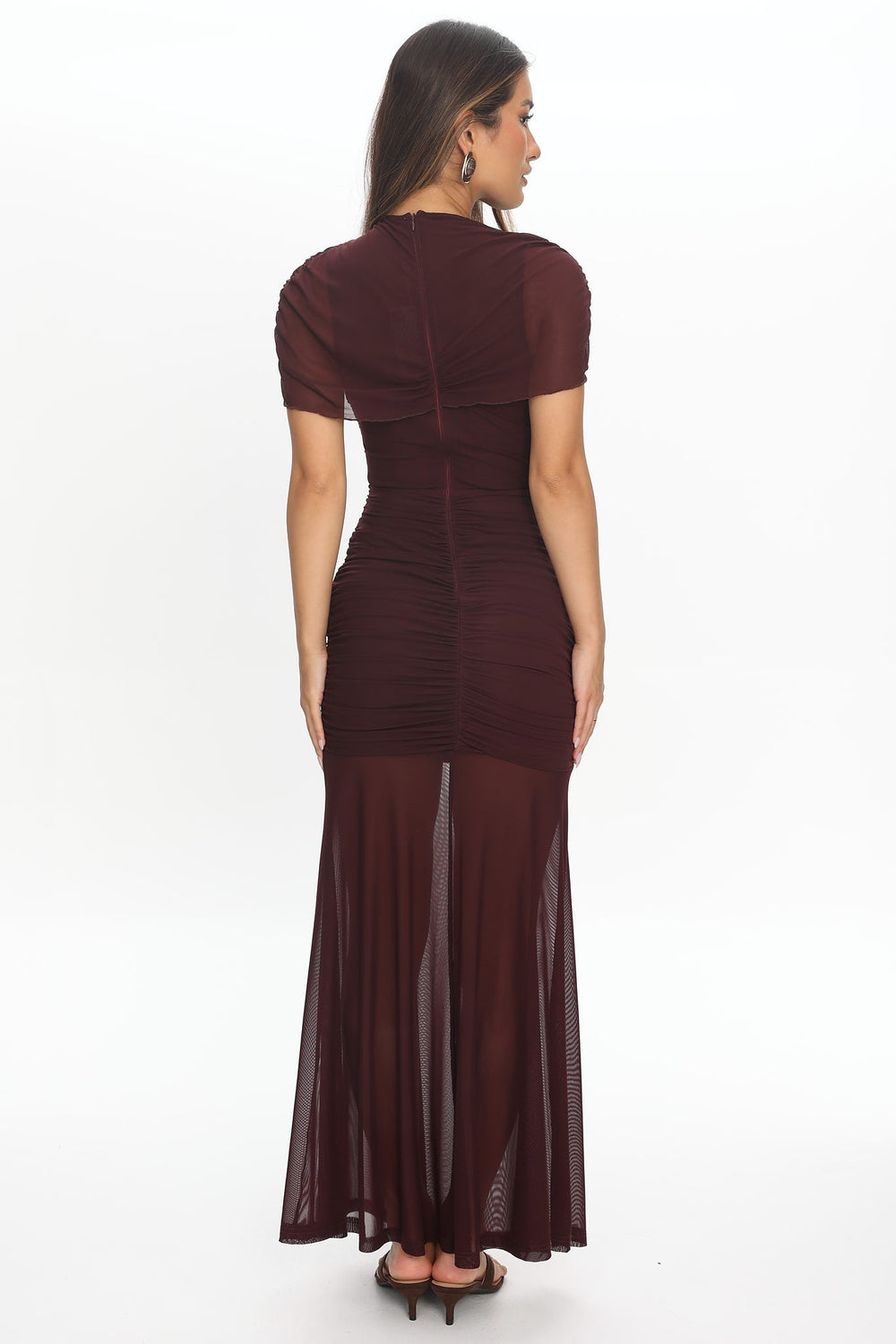 Maroon sheer overlay one shoulder maxi dress, back view