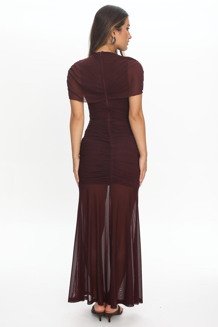 Maroon sheer overlay one shoulder maxi dress, back view