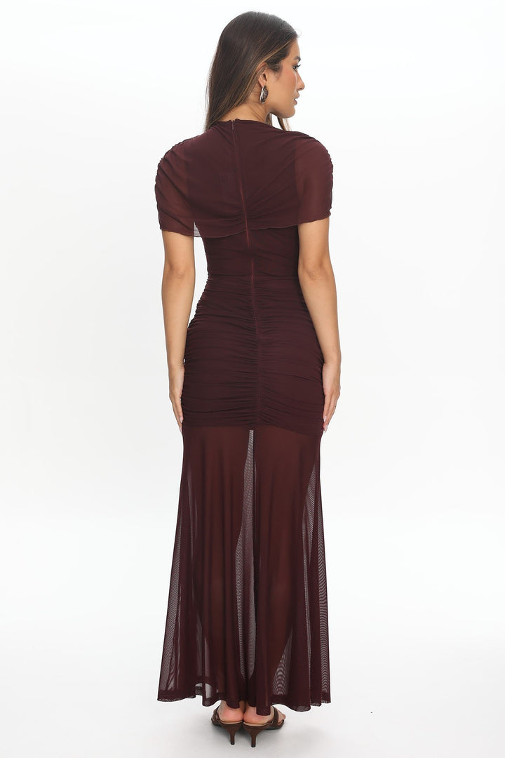 Maroon Sheer Overlay One Shoulder Ruched Maxi Dress - STYLED BY ALX COUTUREDresses