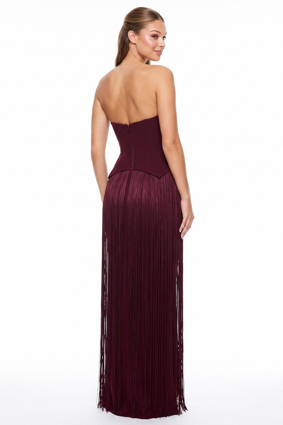 Maroon strapless pointed hem bodice fringe maxi dress, front view