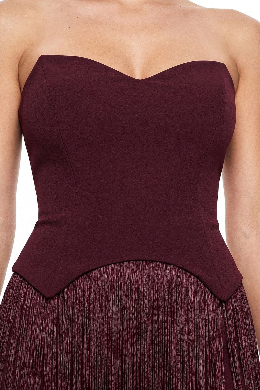 Maroon Strapless Pointed Hem Bodice Fringe Maxi Dress - STYLED BY ALX COUTUREDresses