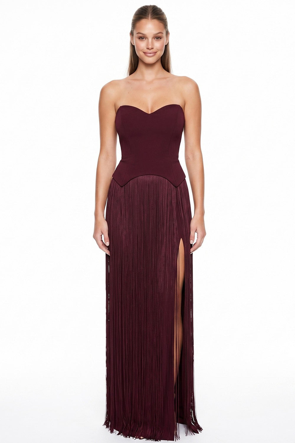 Maroon fringe gown, three-quarter view