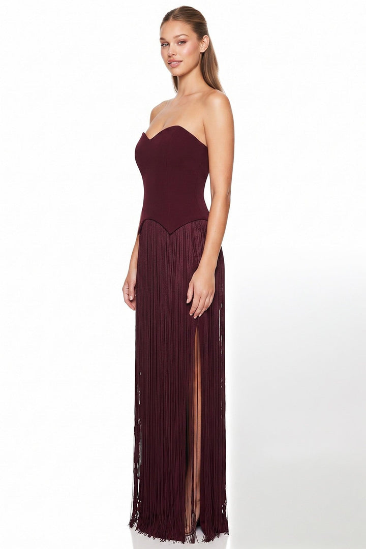 Maroon Strapless Pointed Hem Bodice Fringe Maxi Dress - STYLED BY ALX COUTUREDresses