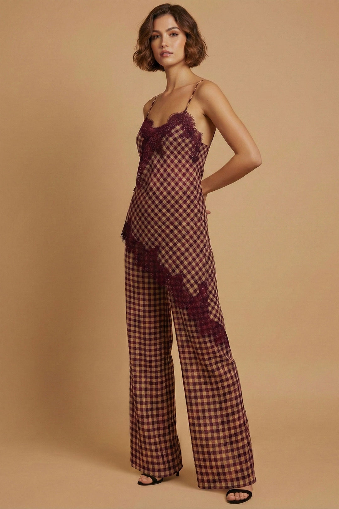 Mauve gingham lace trim cami top and wide leg pants set, front view