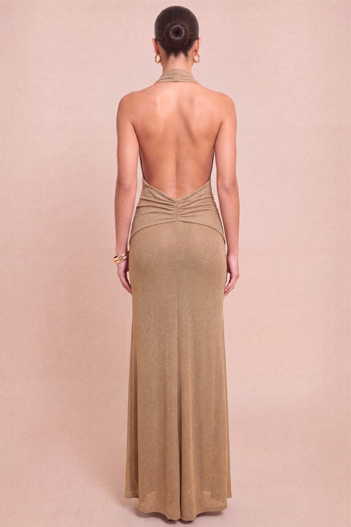 Mocha Metallic Halter Maxi Dress - STYLED BY ALX COUTUREDresses