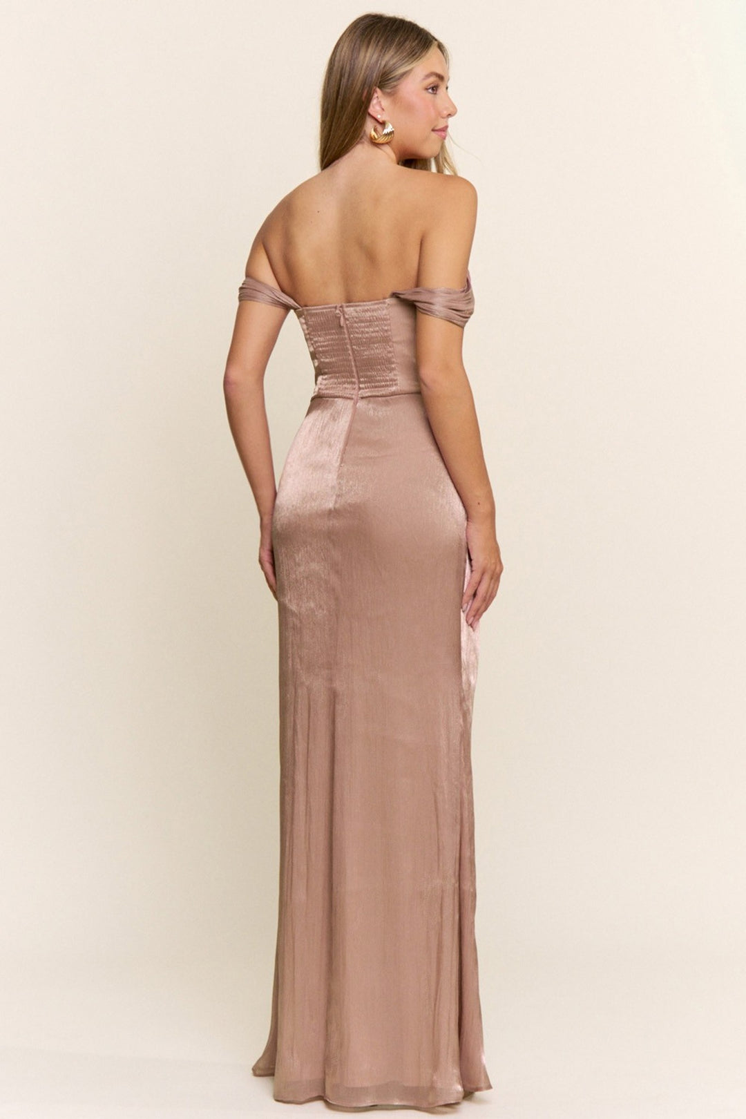 Mocha metallic maxi dress showing the smocked back, back view