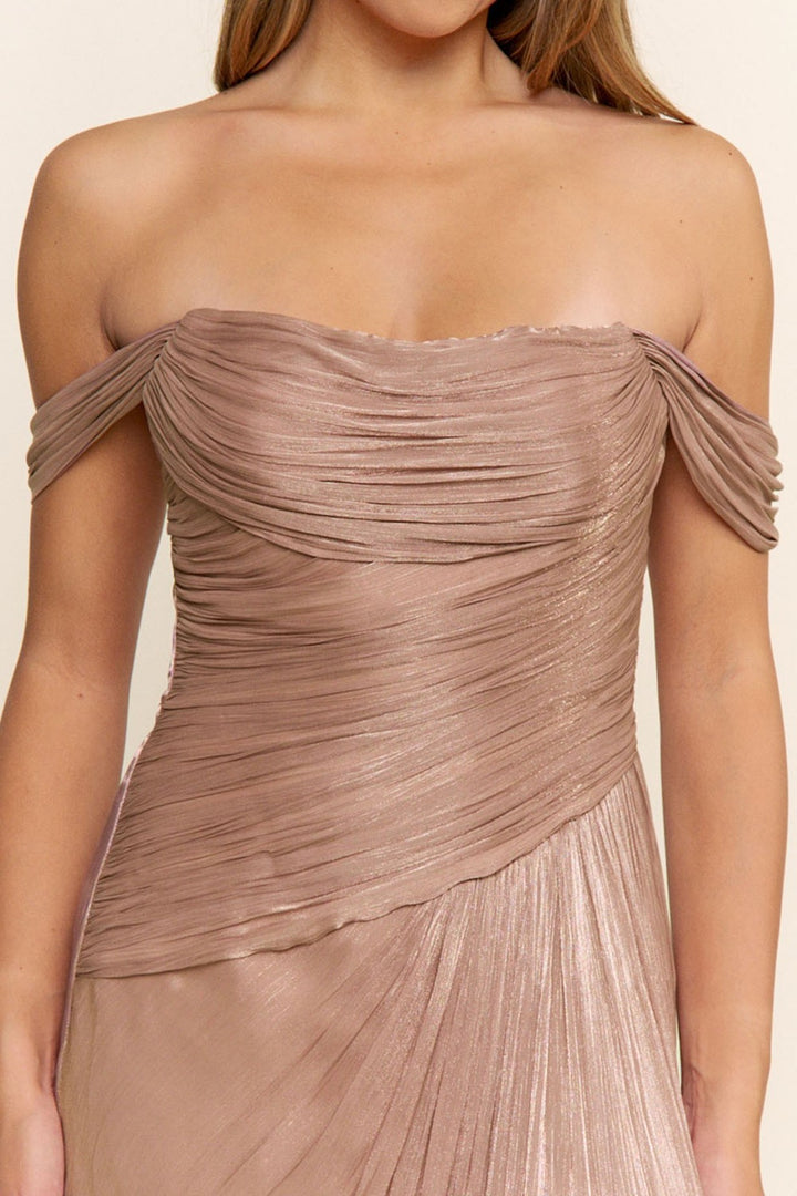 Close up of the draped off the shoulder neckline on the mocha metallic maxi dress
