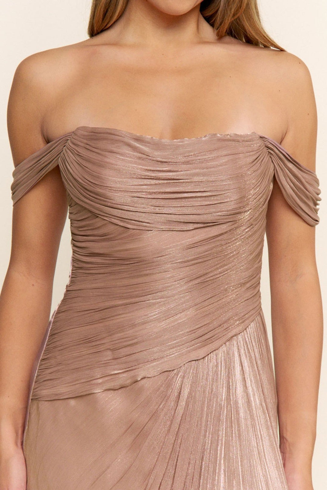 Mocha Off Shoulder Metallic Slit Maxi Dress - STYLED BY ALX COUTUREDresses