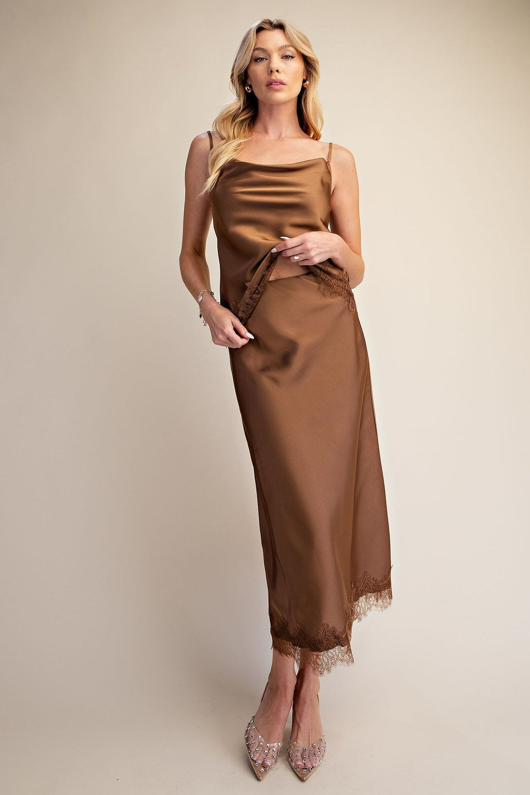 Mocha Satin Scalloped Lace Cami and Midi Skirt Set - STYLED BY ALX COUTUREOutfit Sets