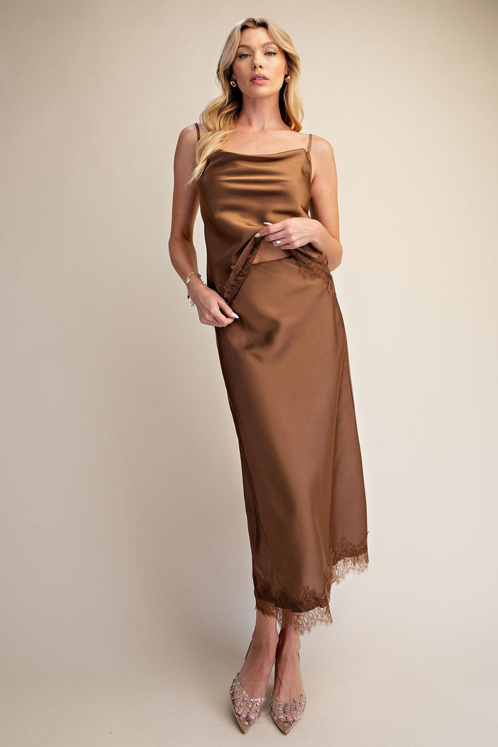 Mocha Satin Scalloped Lace Cami and Midi Skirt Set - STYLED BY ALX COUTUREOutfit Sets