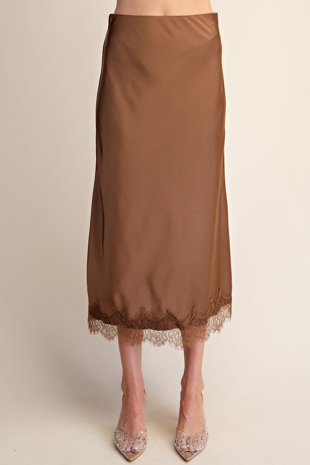 Mocha Satin Scalloped Lace Cami and Midi Skirt Set - STYLED BY ALX COUTUREOutfit Sets