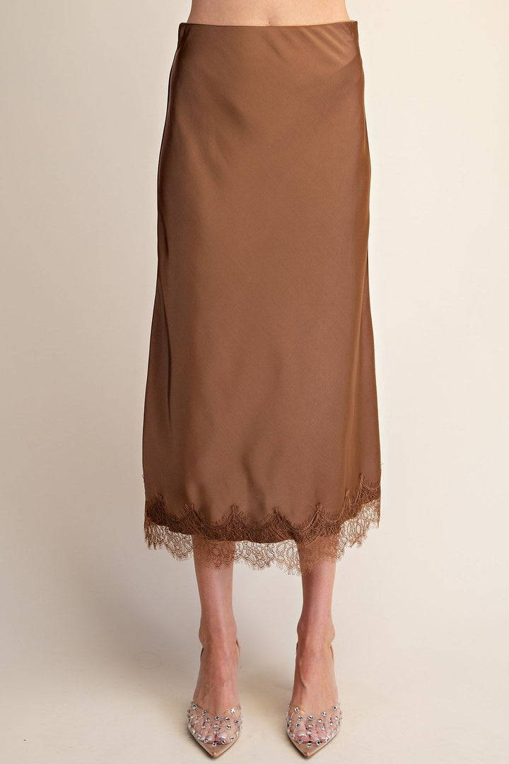 Mocha Satin Scalloped Lace Cami and Midi Skirt Set - STYLED BY ALX COUTUREOutfit Sets