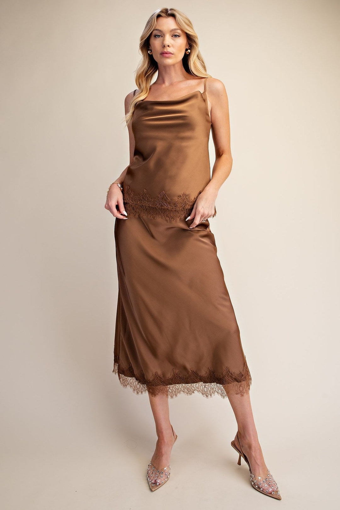 Mocha Satin Scalloped Lace Cami and Midi Skirt Set - STYLED BY ALX COUTUREOutfit Sets
