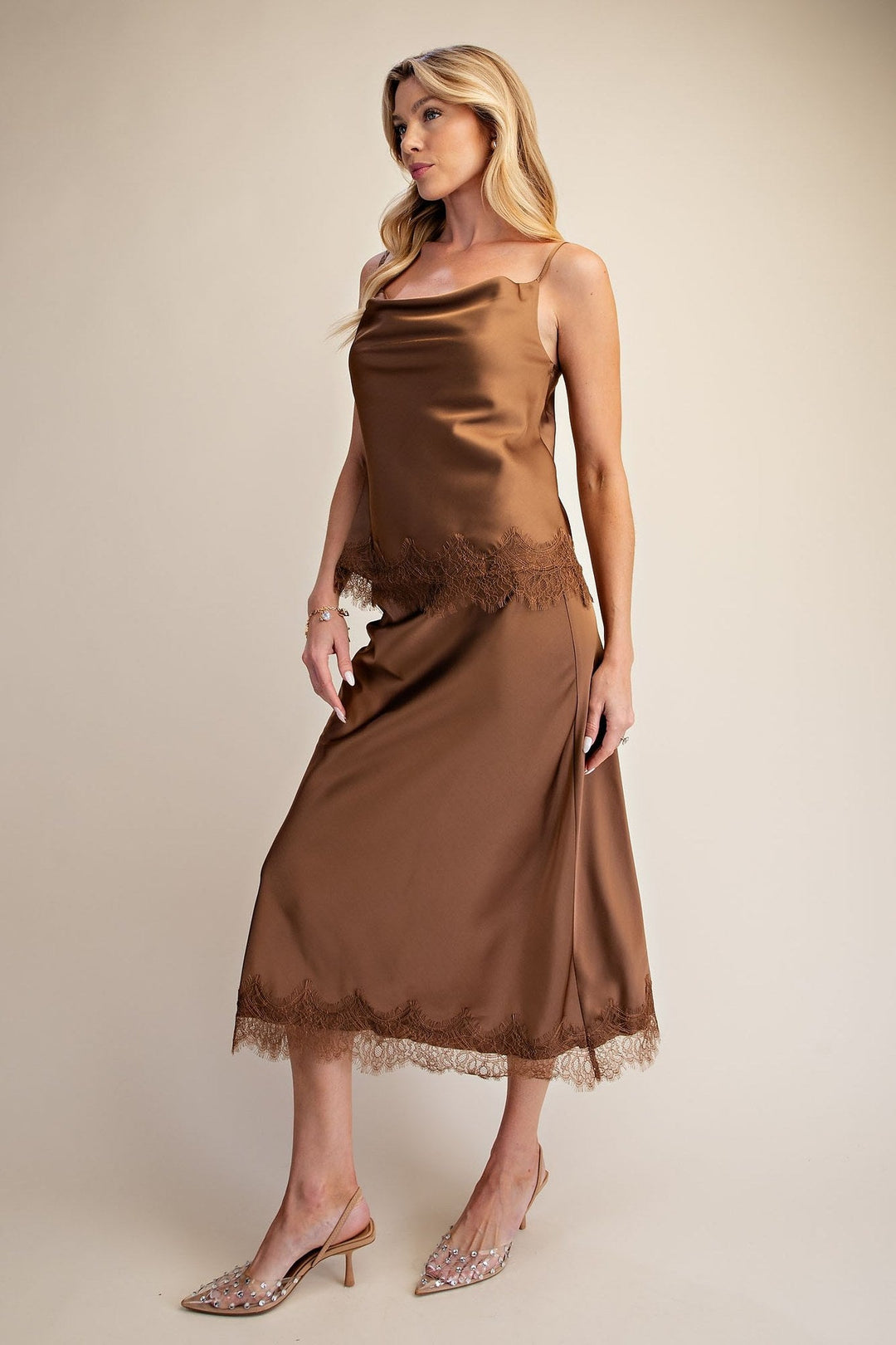 Mocha Satin Scalloped Lace Cami and Midi Skirt Set - STYLED BY ALX COUTUREOutfit Sets