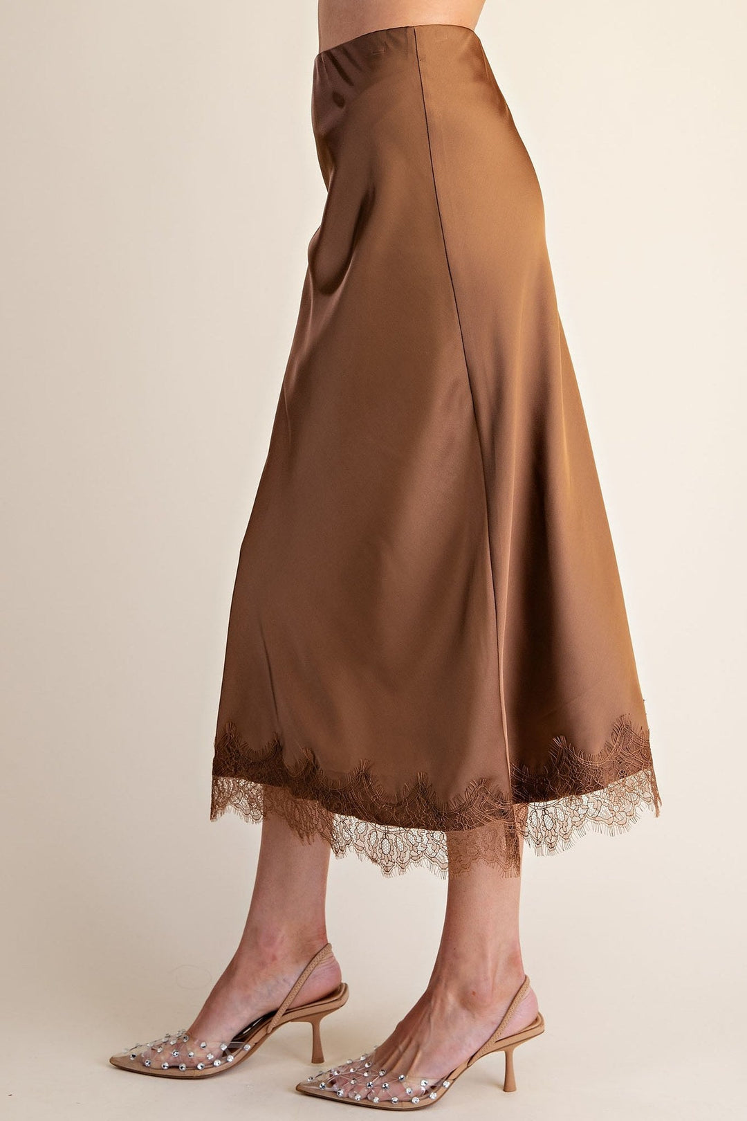 Mocha Satin Scalloped Lace Cami and Midi Skirt Set - STYLED BY ALX COUTUREOutfit Sets