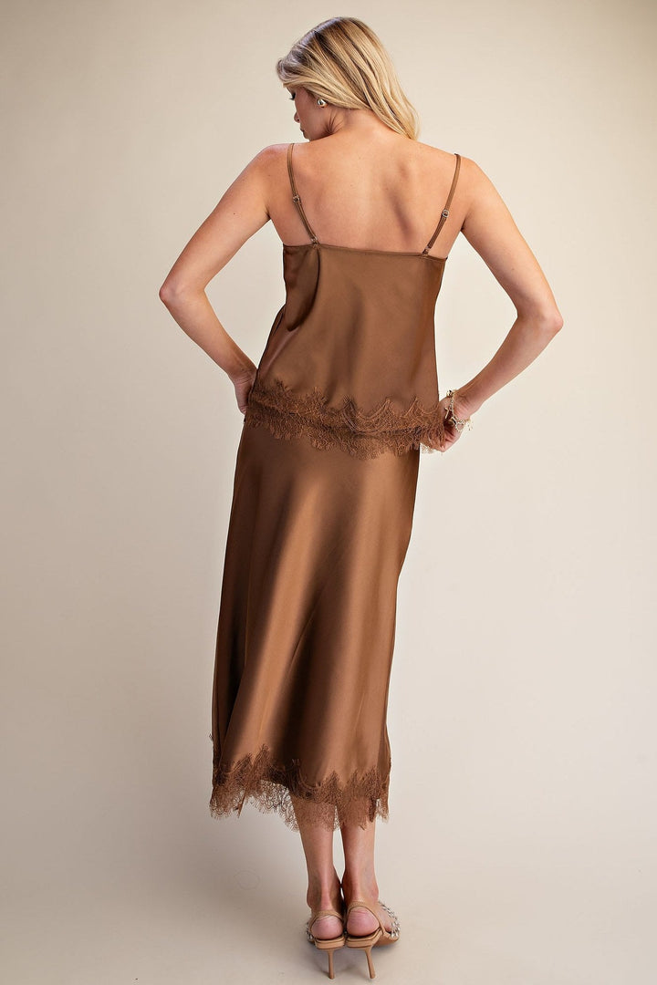 Mocha Satin Scalloped Lace Cami and Midi Skirt Set - STYLED BY ALX COUTUREOutfit Sets